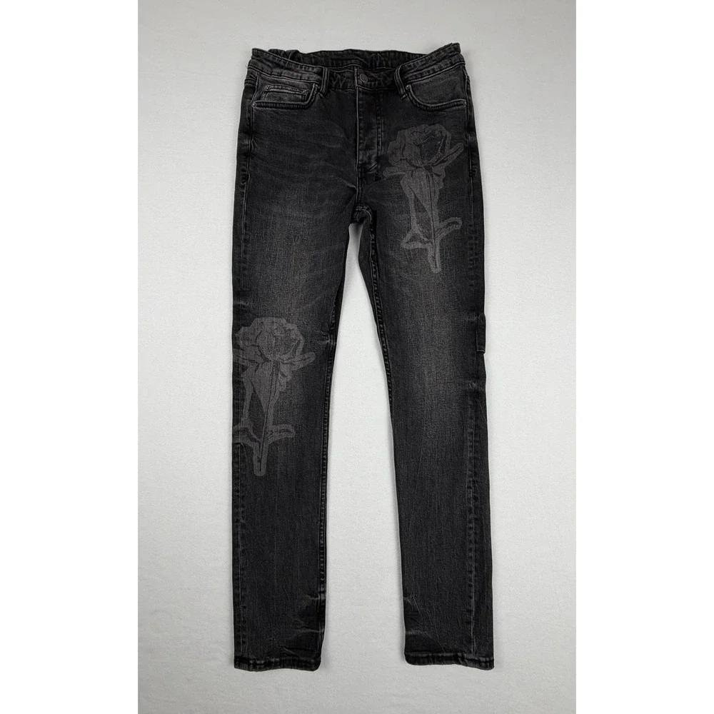 Ksubi Chitch Rose Graphic Slim Fit Jeans Washed Black Denim Mens 33